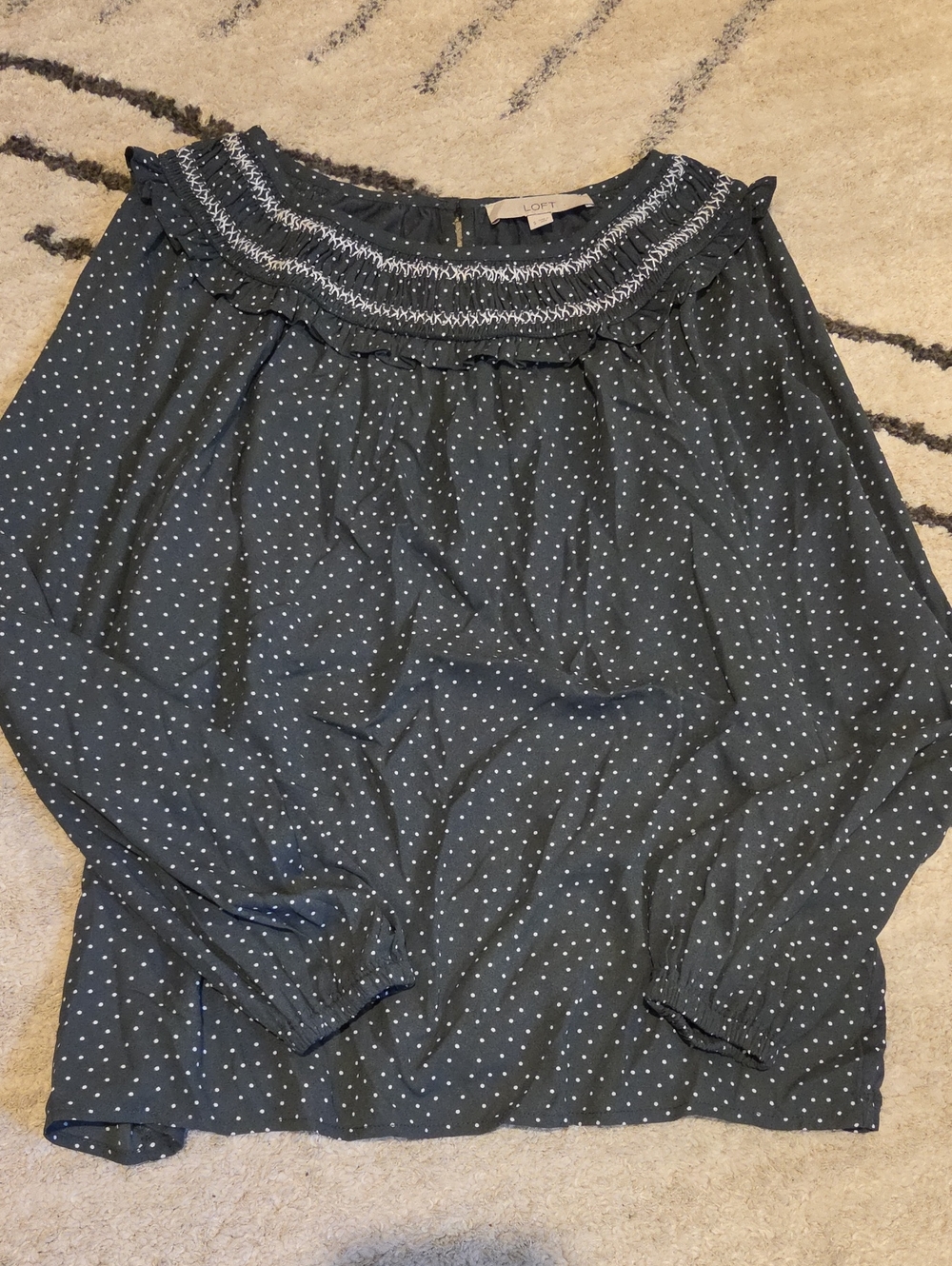 LOFT Gray Polka Dot Smocked Ruffle Long Sleeve Top